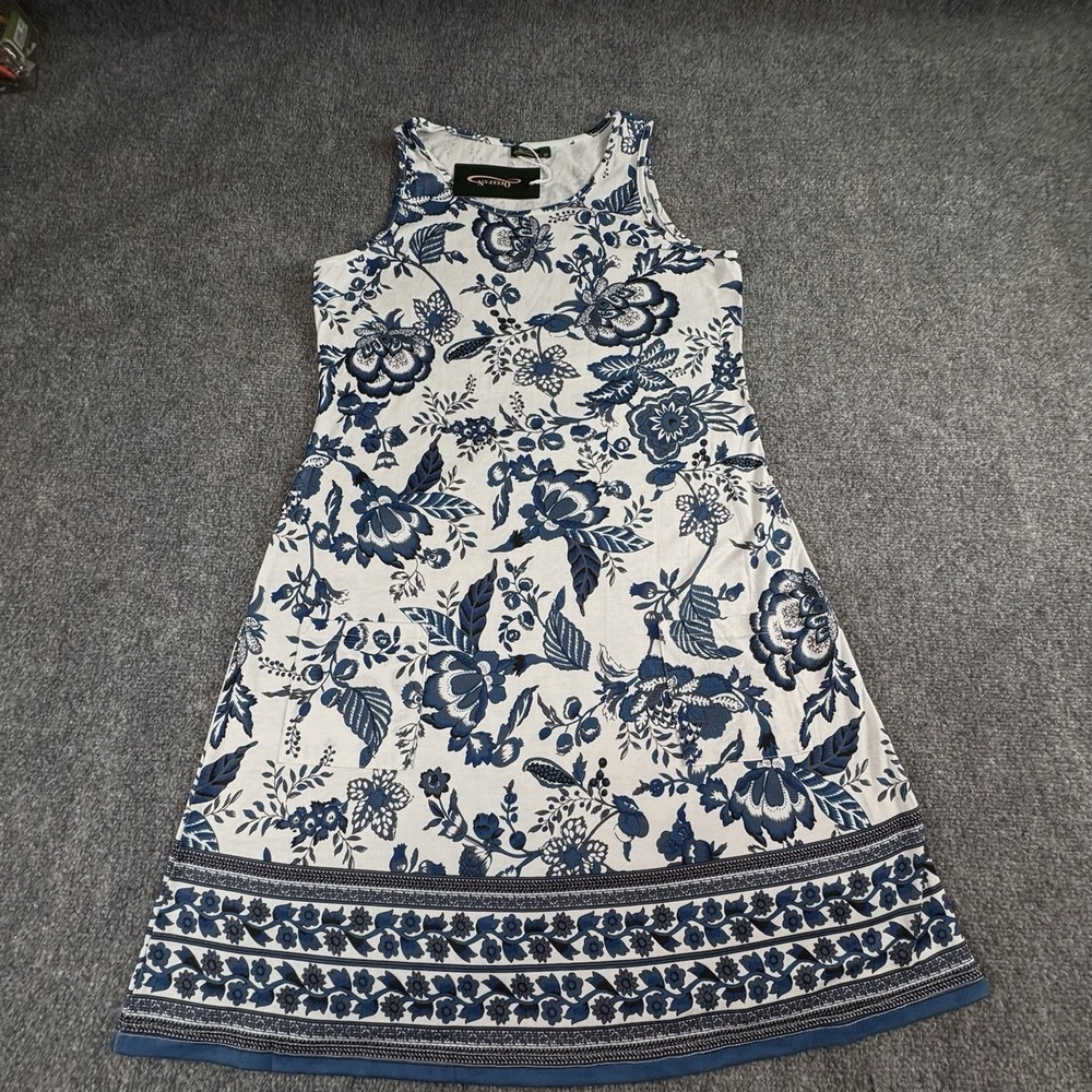 Ofeefan Dress Women M Blue White Floral Coastal Preppy Boho‎ Cottagecore Pockets